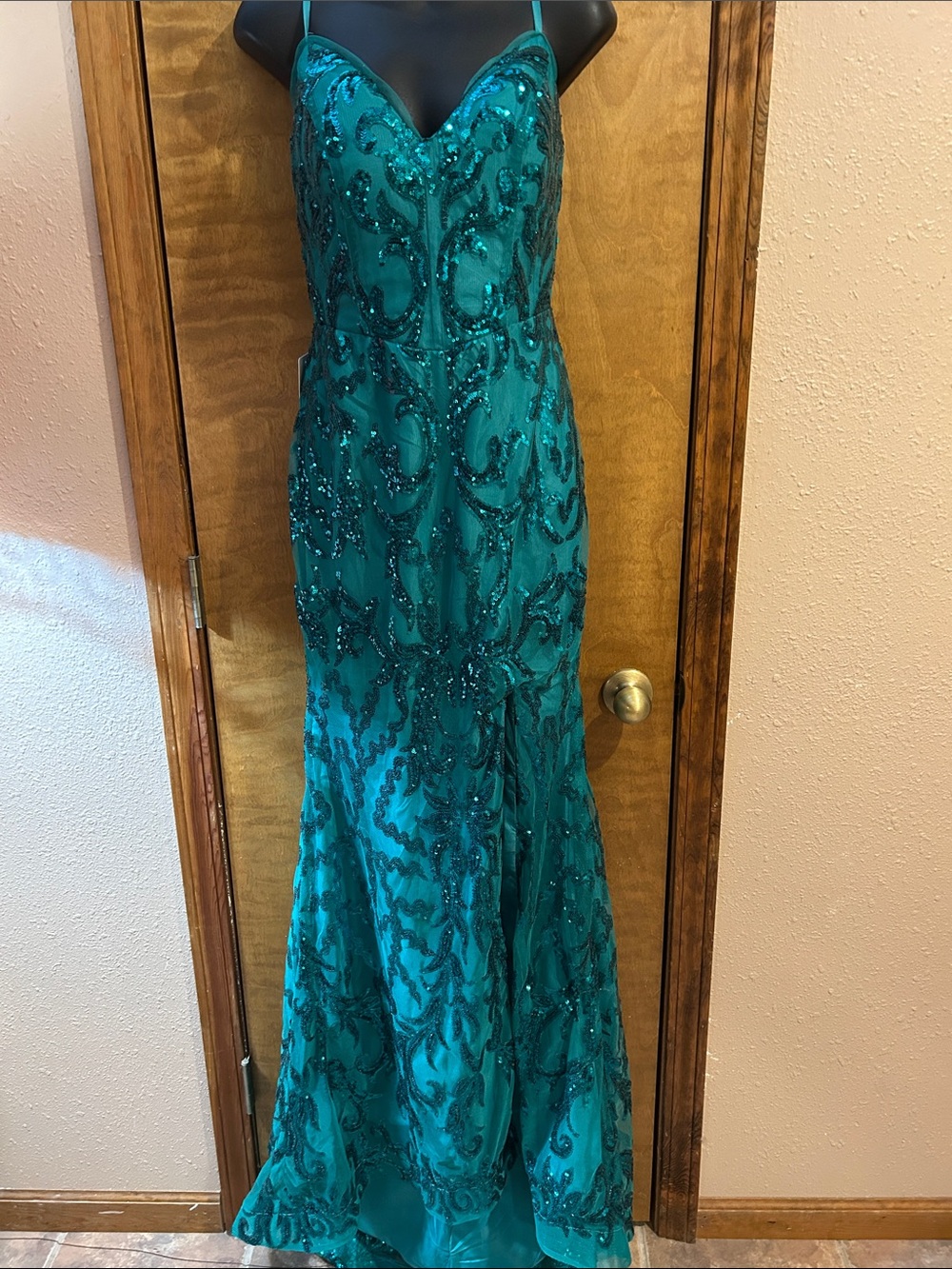 Beaded Teal Spaghetti-Strap Prom Dress